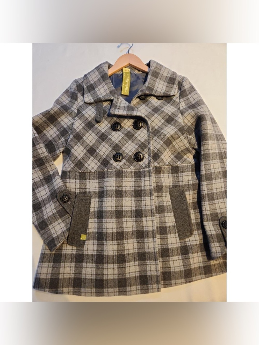 Soia & Kyo Grey Plaid Wool Blend Double Breasted Pea Coat Funnel Neck Jacket